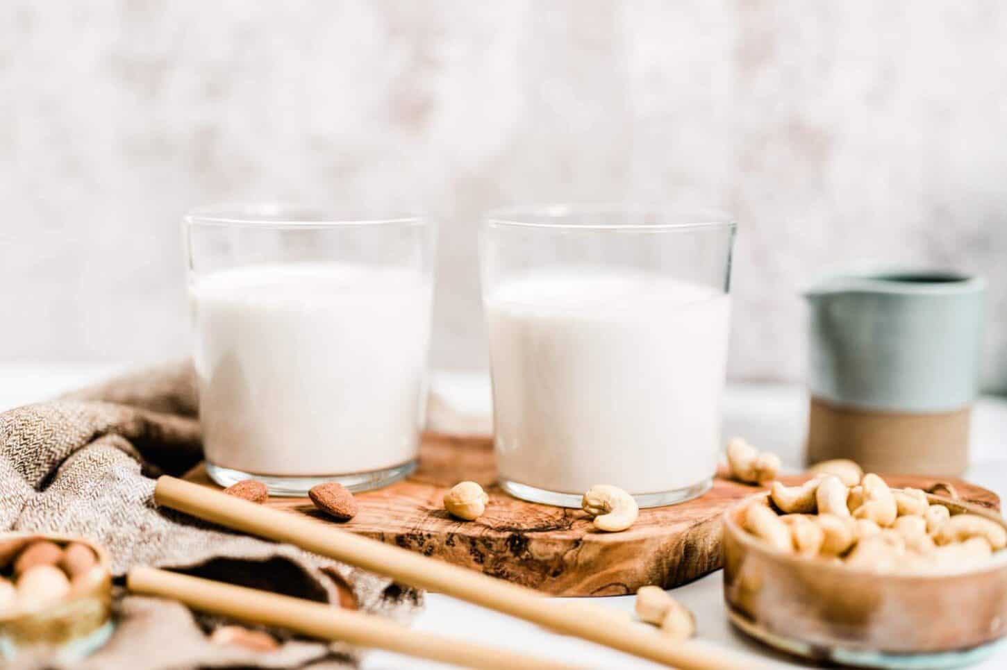 Plant based nut milk in two glasses.