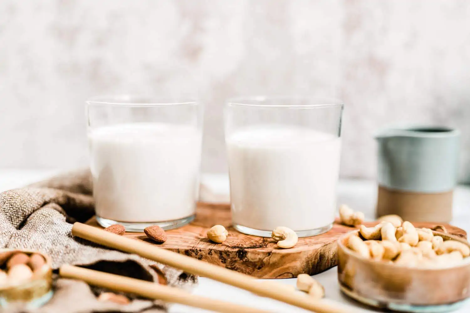 Plant based nut milk in two glasses. 