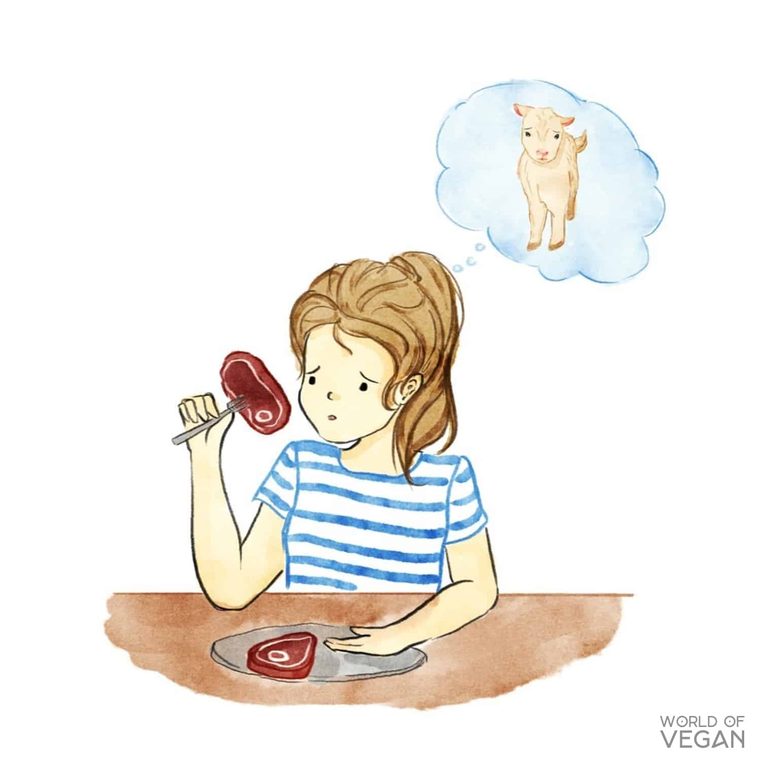 My Vegan Story | Vegan Art showing young girl looking at a slab of meat a an imagining an innocent animal