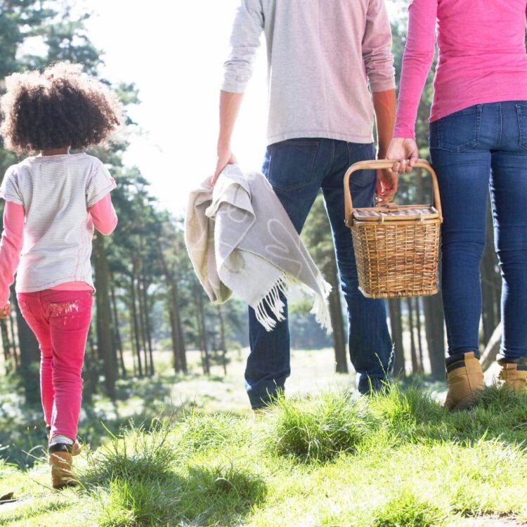 A family outside with a picnic basket.