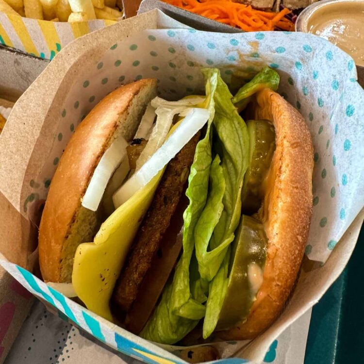 A vegan burger from Amy's Drive Thru restaurant.