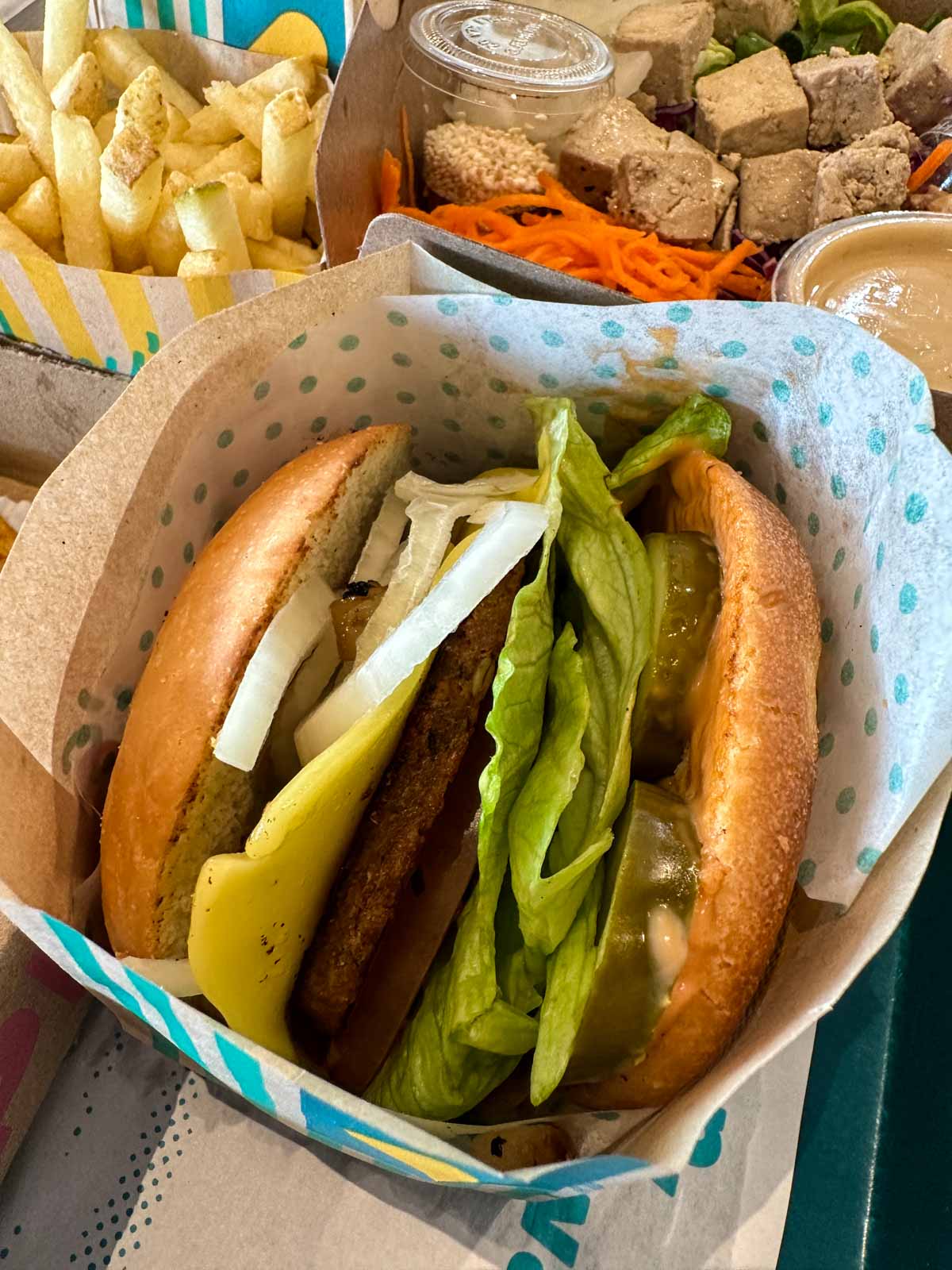 A vegan cheeseburger at Amy's Vegan Drive Thru.