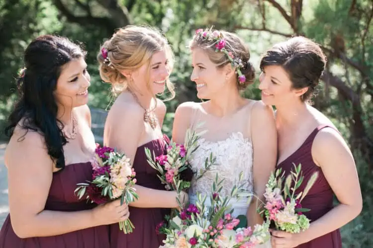 Vegan wedding bride with bridesmaids in Berkeley, California.