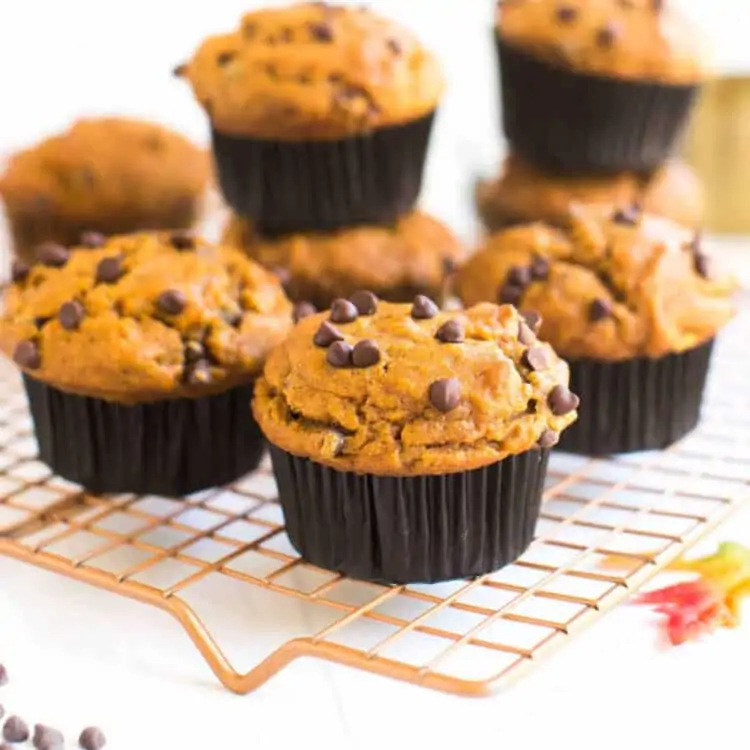 Vegan pumpkin chocolate chip muffins stacked on a cooling tray.