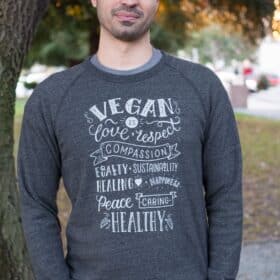 Meaningful Paws vegan sweatshirt on ryan bethencourt