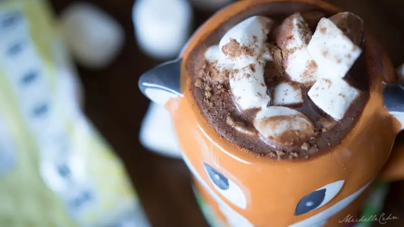 Vegan Mexican hot chocolate in a mug topped with vegan marshmallows.
