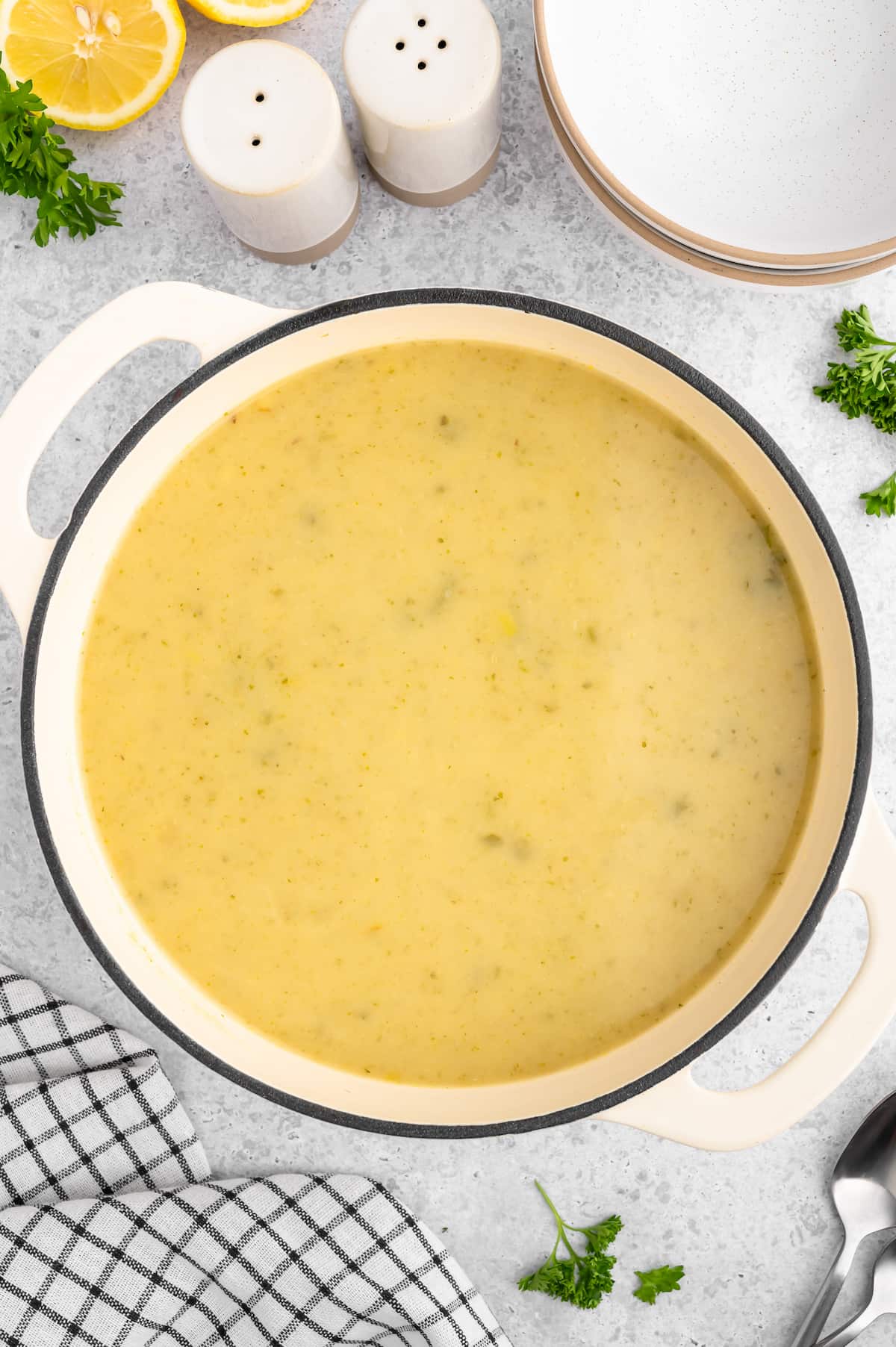 Vegan potato leek soup in a large dutch oven after blending and cooking.