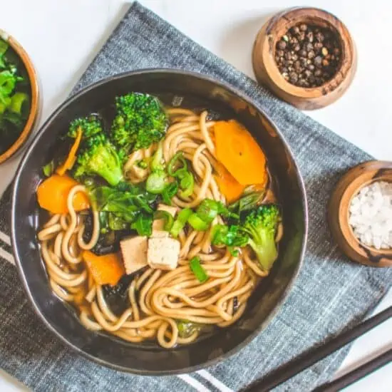 Soup Bowl with Chop Sticks, Salt and Pepper on the Side