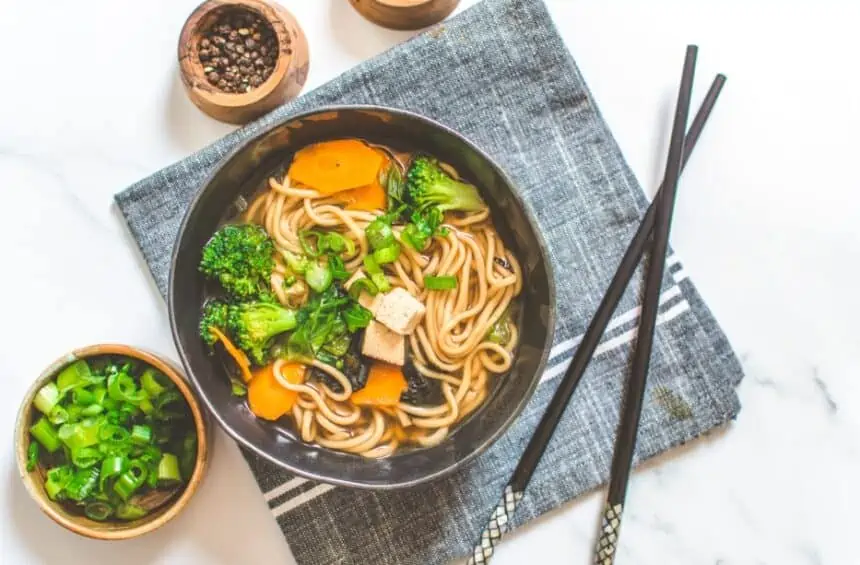 Miso Noodle Soup Bowl with Chop Sticks, Salt and Pepper on the Side