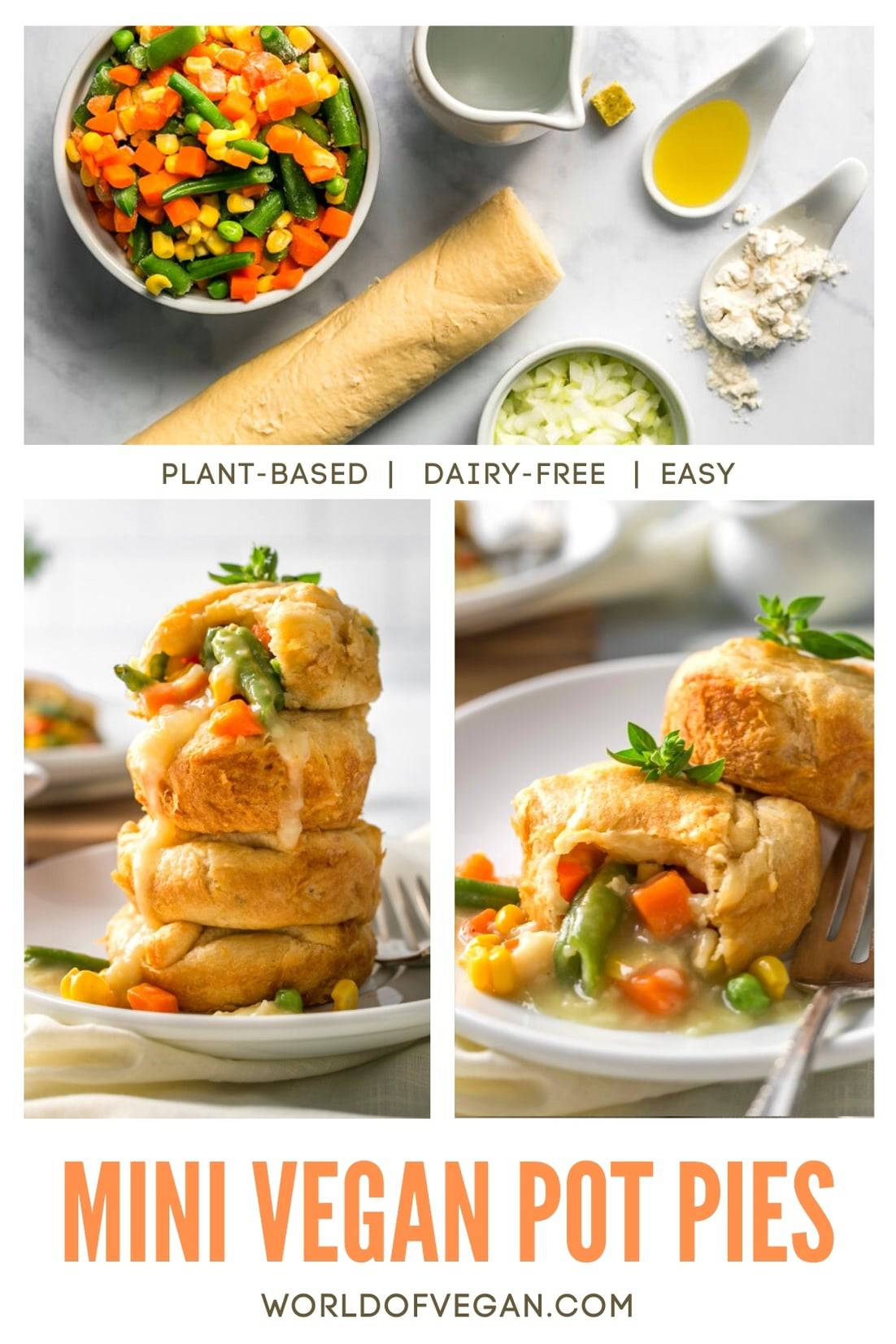 How to Make Vegan Pot Pie Step by Step Photos of Ingredients and Plated Pot Pies With Filling Spilling Out
