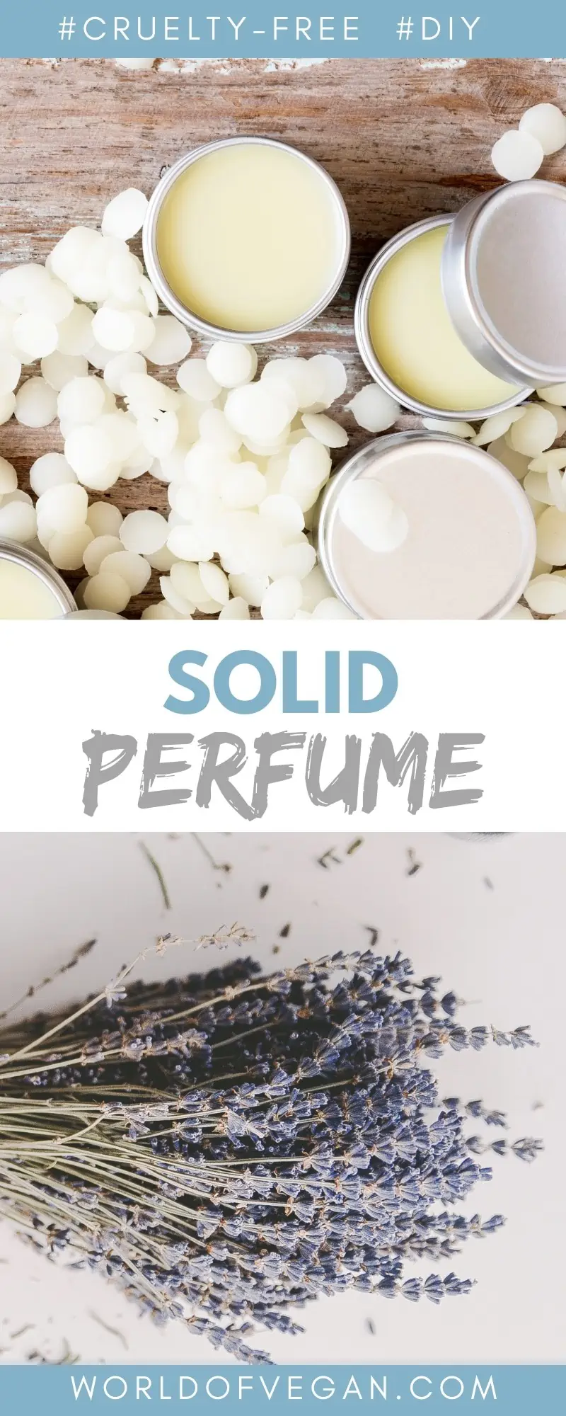 Collage of vegan solid perfume and dried lavender with text overlay "solid perfume."