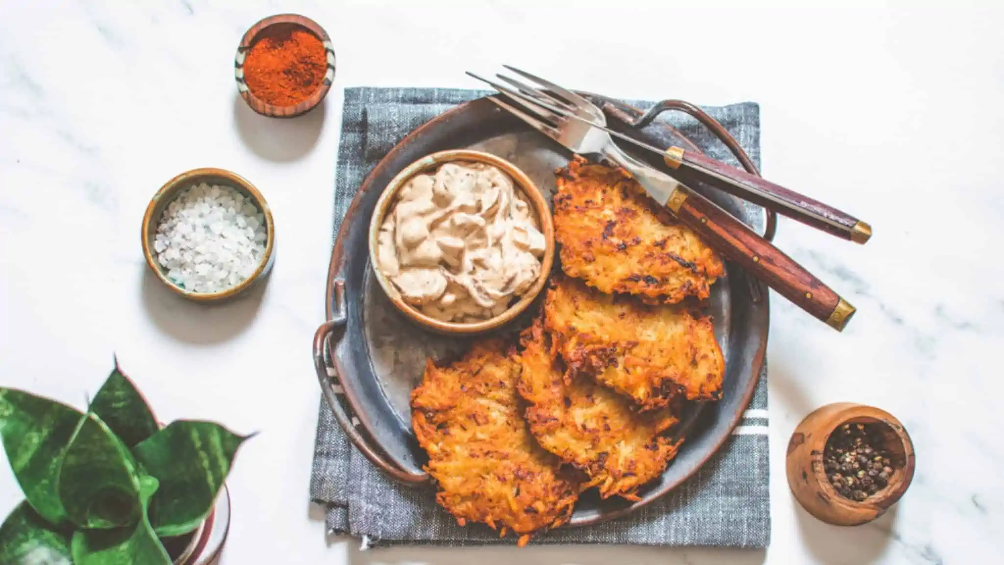 Vegan Latkes with Caramelized Onion Dip