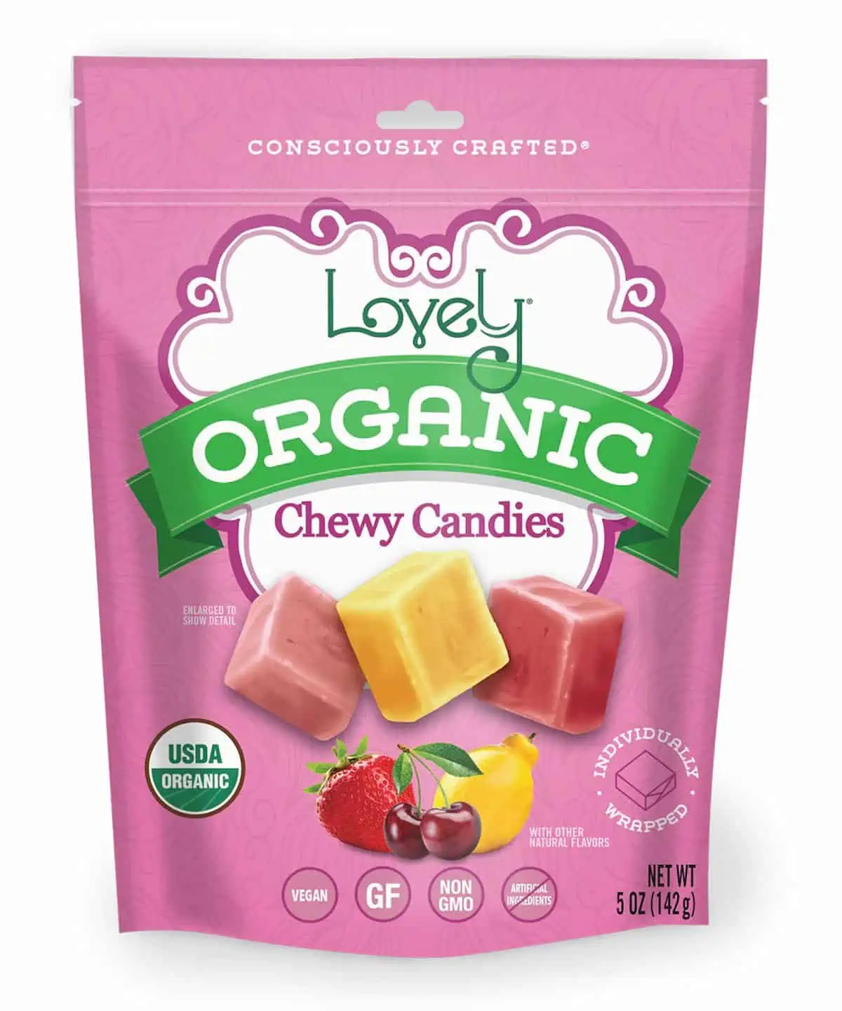 Package of Lovely Candy Co. Organic Chew Candies.