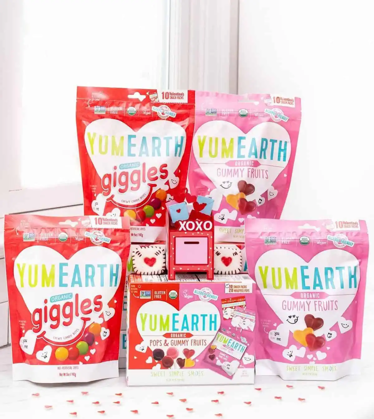 A variety of different bags of Valentine-theme candies from YumEarth.