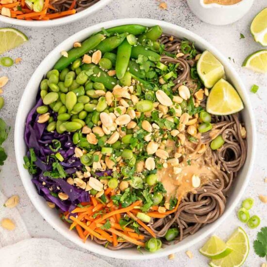 A bowl pf peanut soba noodles.