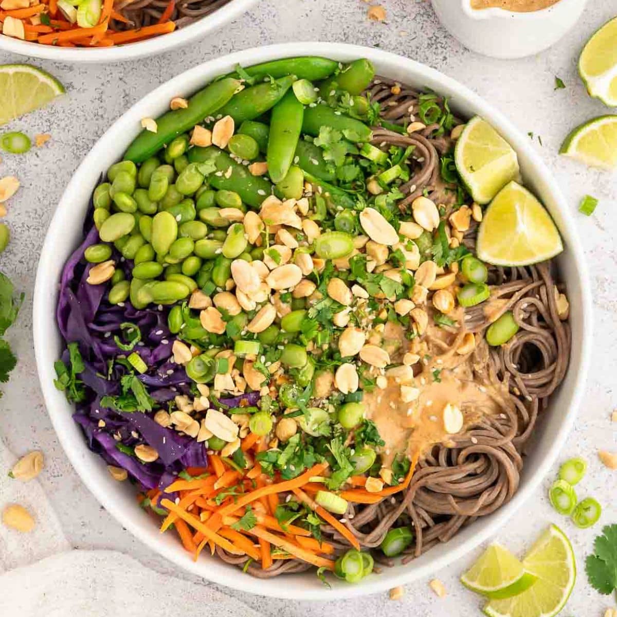 A bowl pf peanut soba noodles.