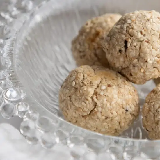 Matza tater tots balls for Passover in a bowl.