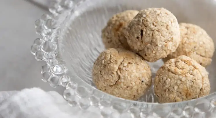 Matza tater tots balls for Passover in a bowl.