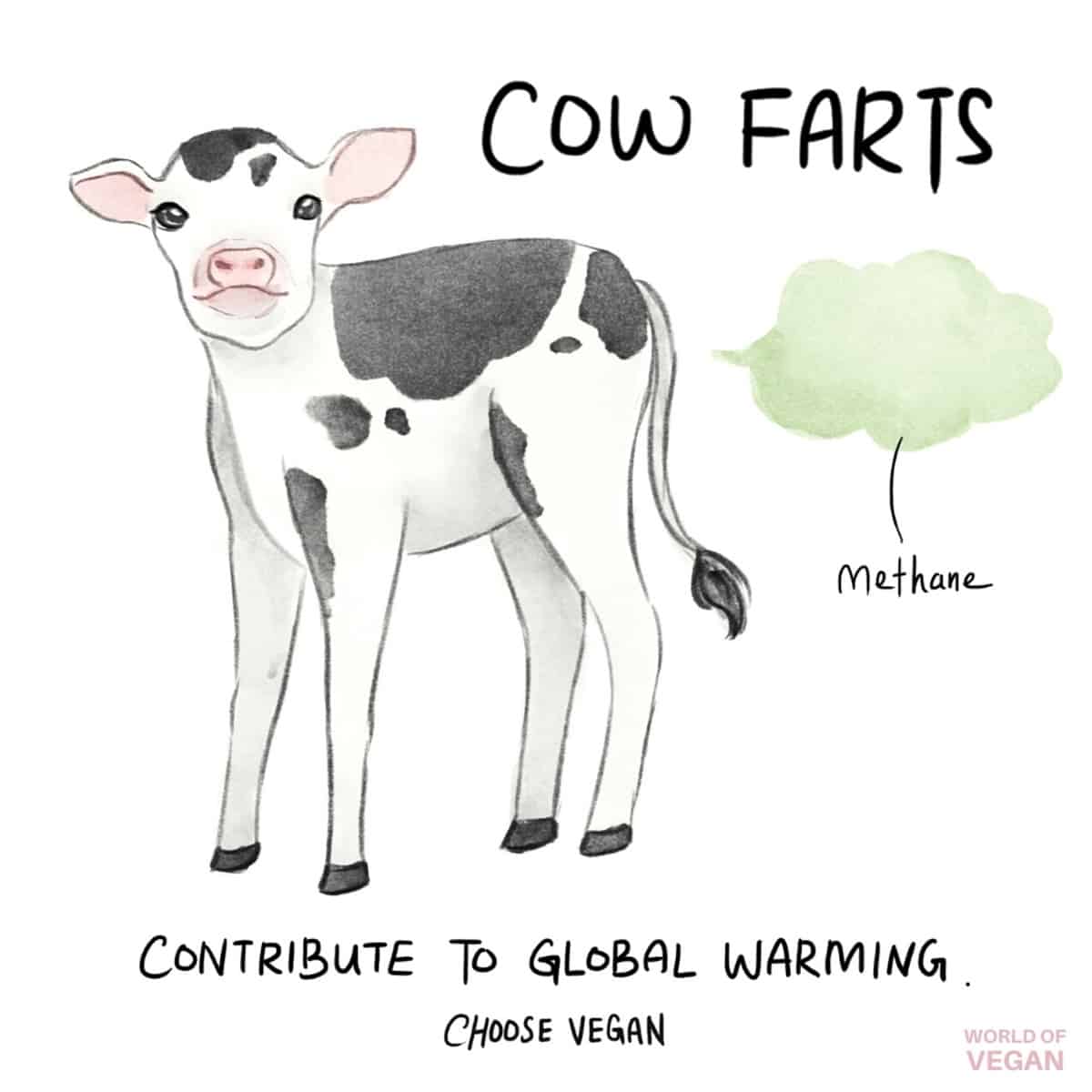Vegan art comic illustration showing a cute baby cow fart contributing to global warming. 