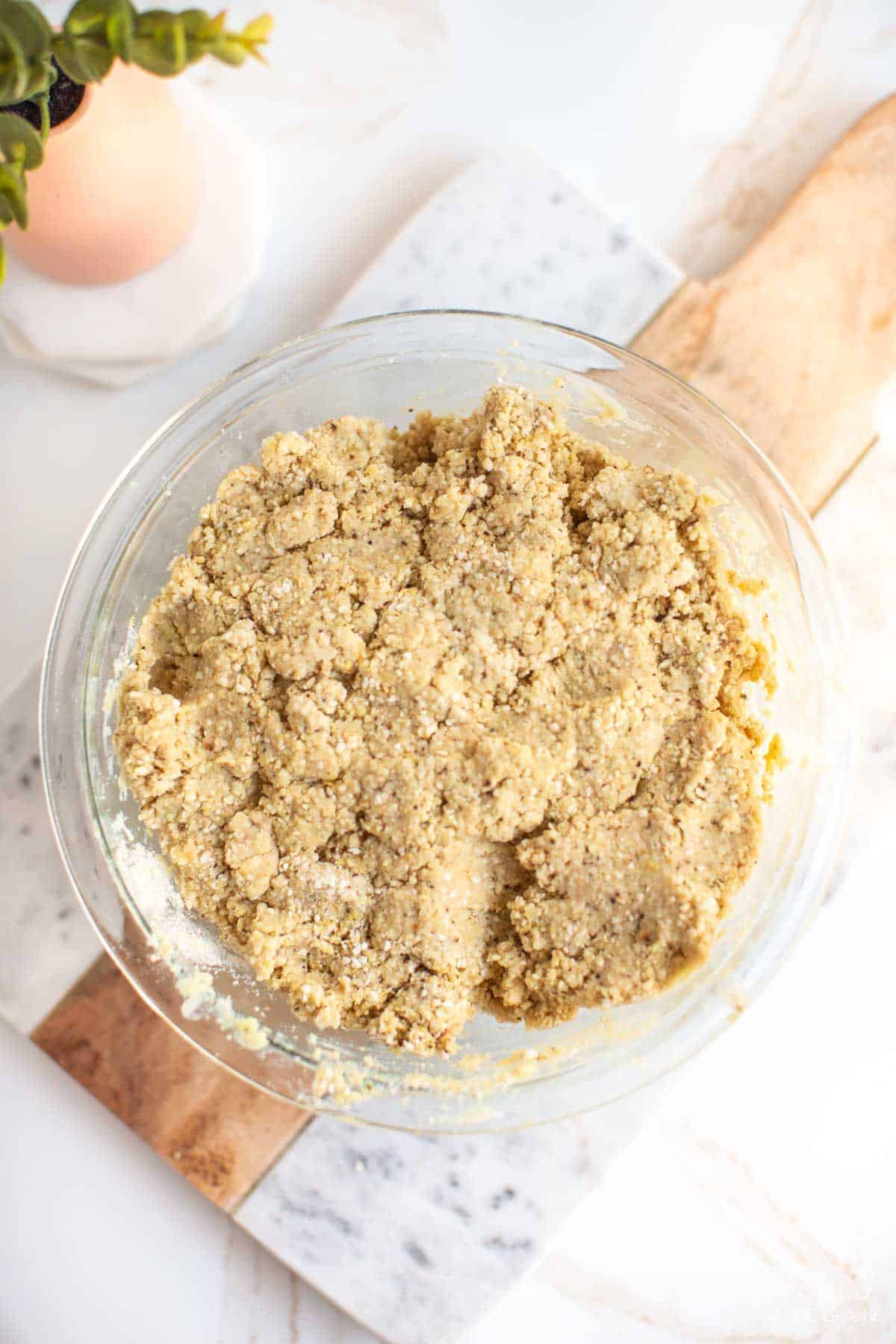 Bowl of vegan matzo ball dough before rolling into balls. 