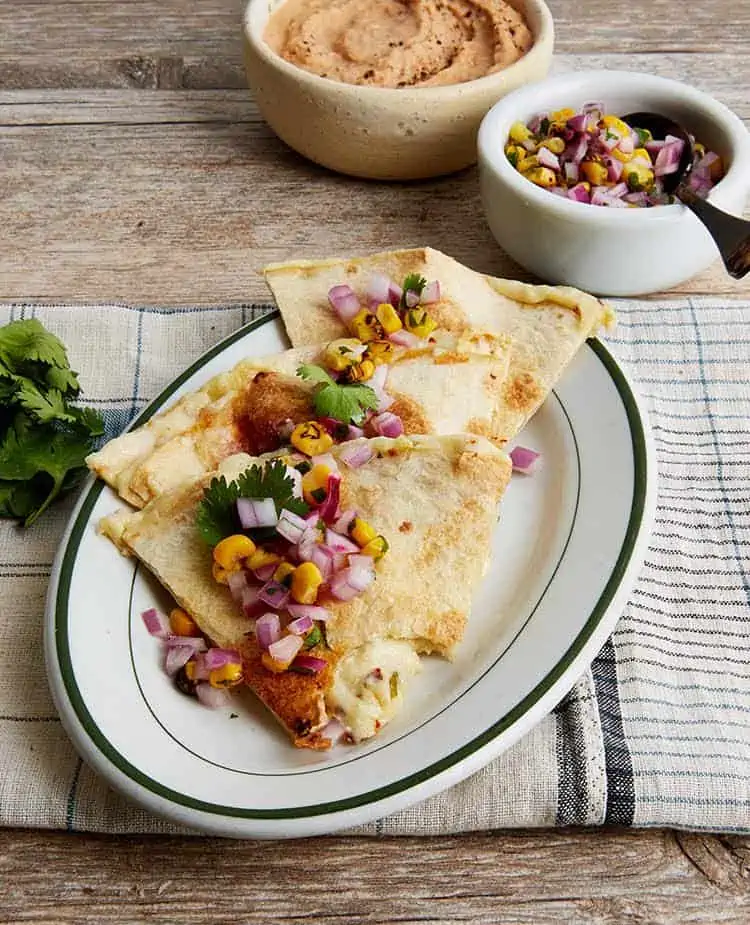 Vegan quesadillas on a plate.