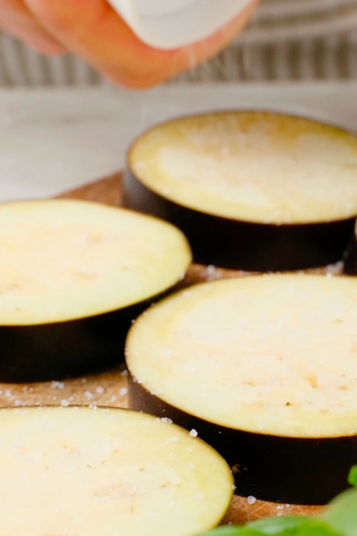 Salt being sprinkled over the top of sliced eggplant.