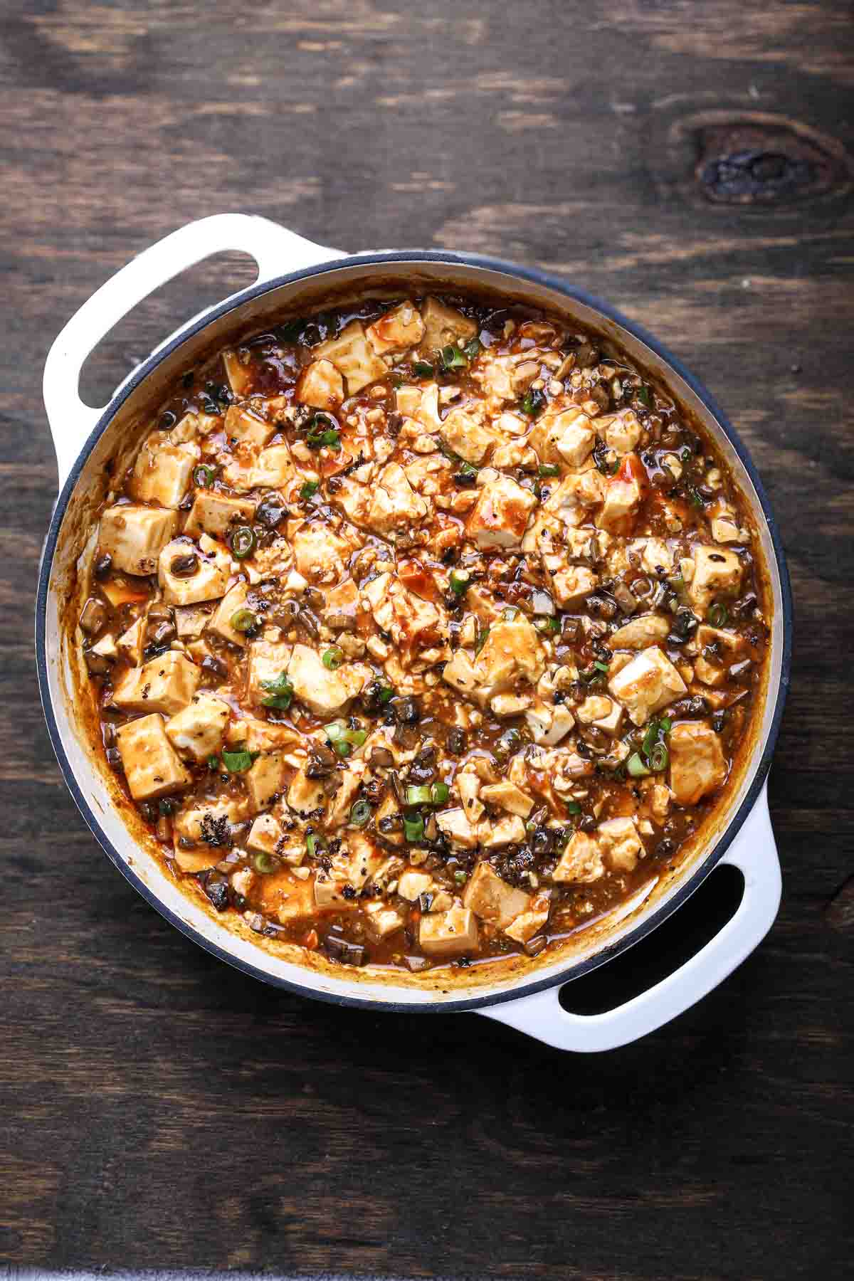 Mapo tofu made vegan with mushrooms, a Chinese Buddhist cuisine staple.