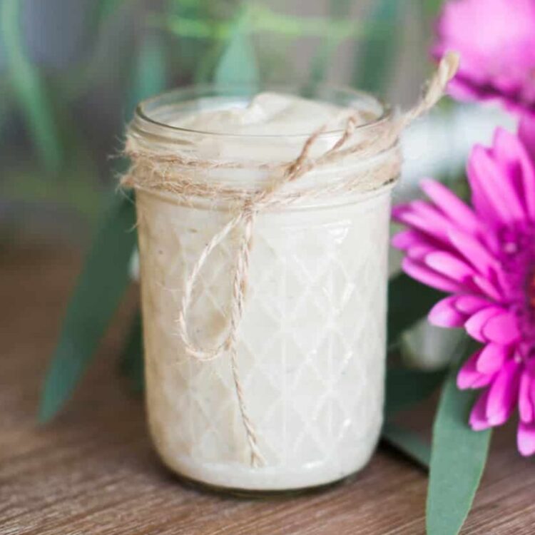 Maple cream sauce in a mason jar with a Gerber daisy.