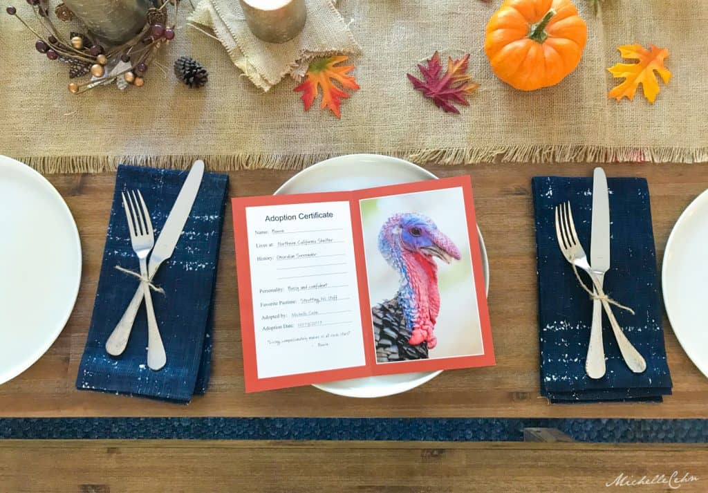 Vegan Thanksgiving Dinner Table Setting with Adopted Turkey Certificate from Farm Sanctuary