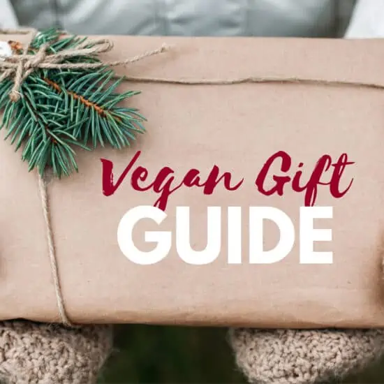 Woman wearing gloves holding a vegan gift wrapped in eco-friendly paper.