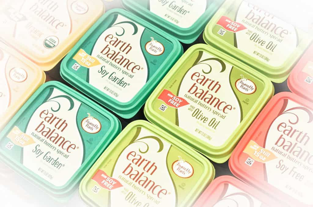 different types of earth balance vegan butter tubs including soy free and olive oil butters
