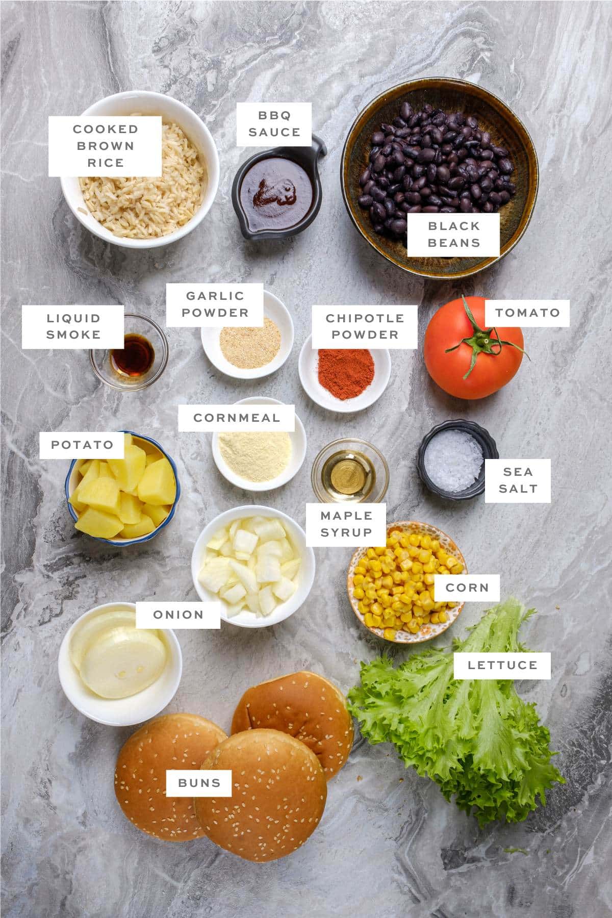 Ingredients for vegan chipotle black bean burgers, with labels.