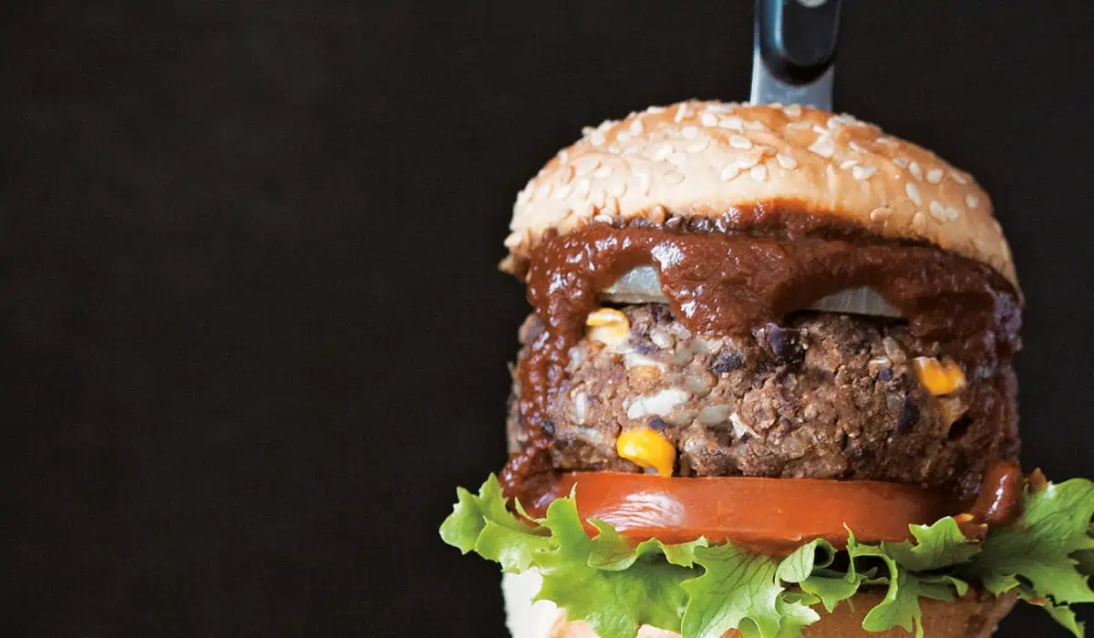 vegan black bean burger with barbecue sauce