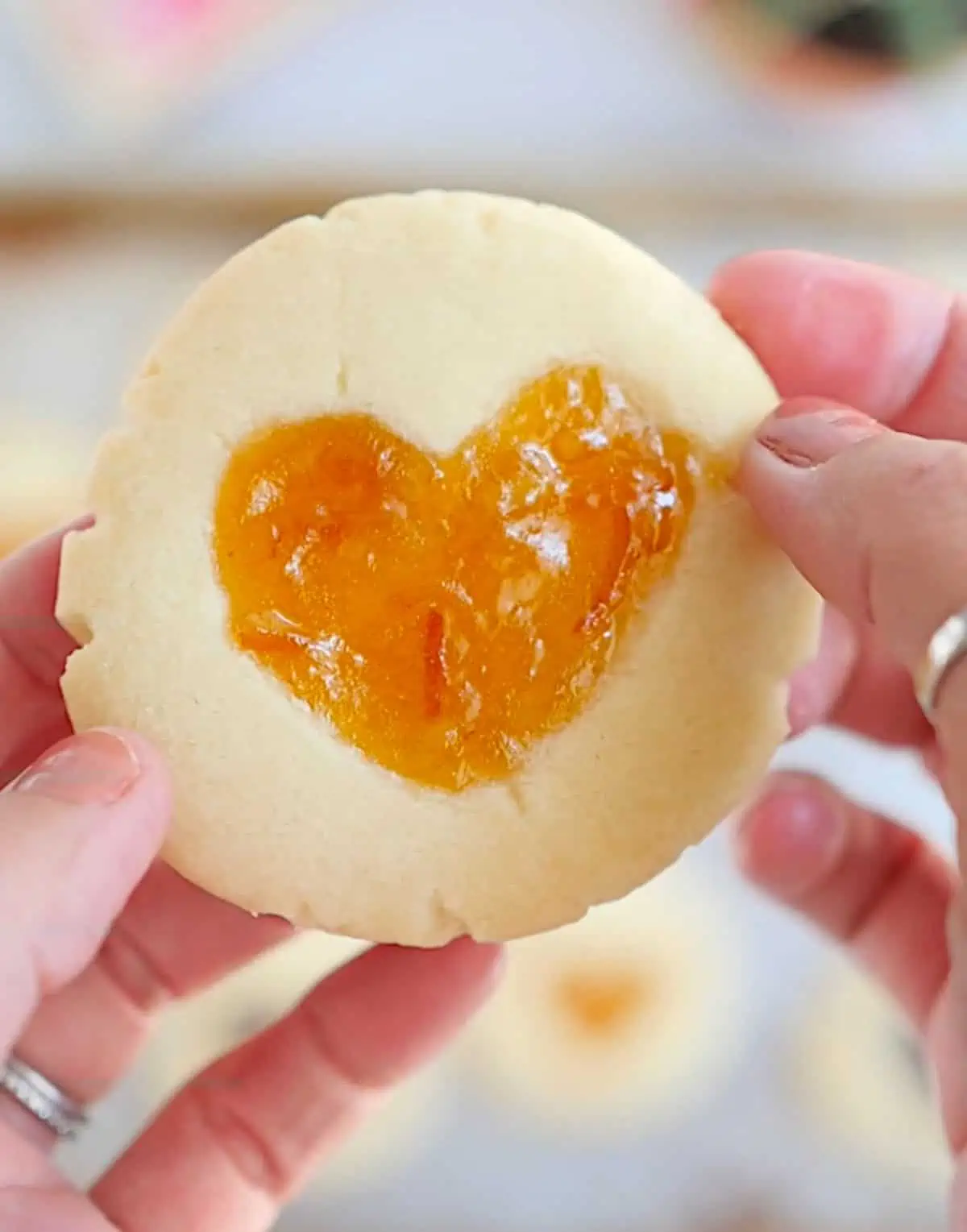 Hands holding a heart shaped vegan thumbprint cookie.