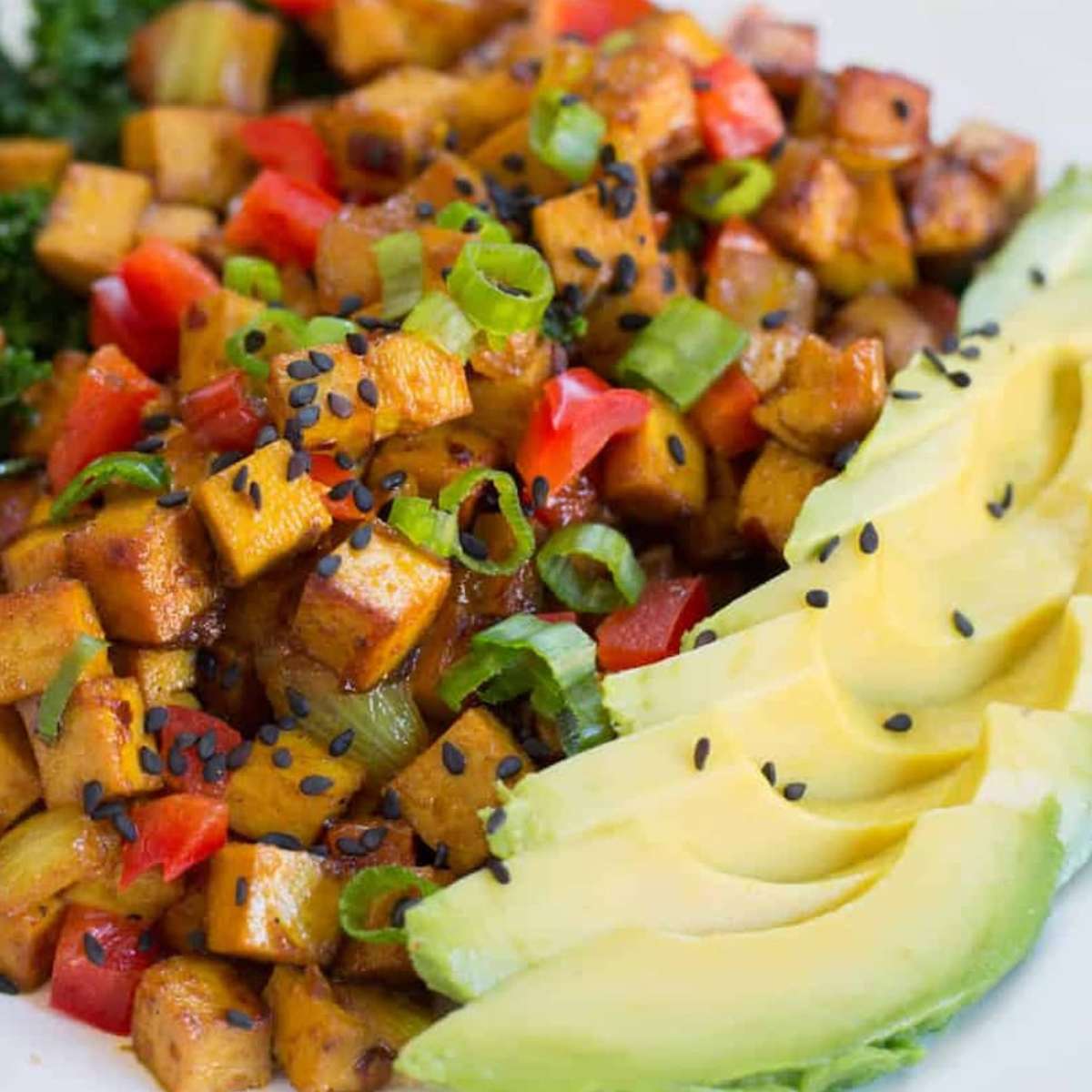 Cubed tofu with teriyaki sauce and avocado.