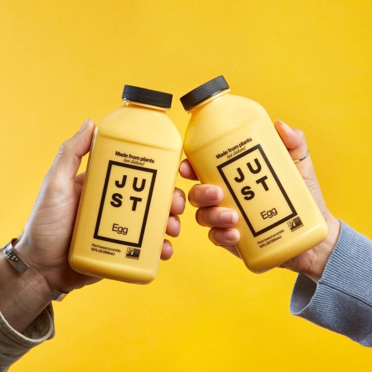 Two bottles of JUST Egg, plant-based alternative.