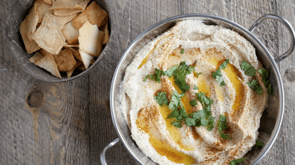 Homemade oil-free vegan hummus with pita chips