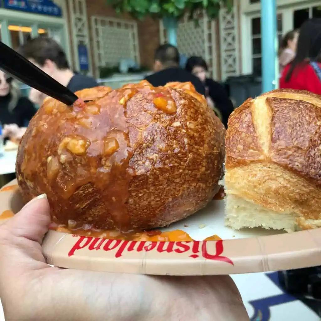 Vegan gumbo in a sourdough bread bowl from Royal St. Veranda in Disneyland