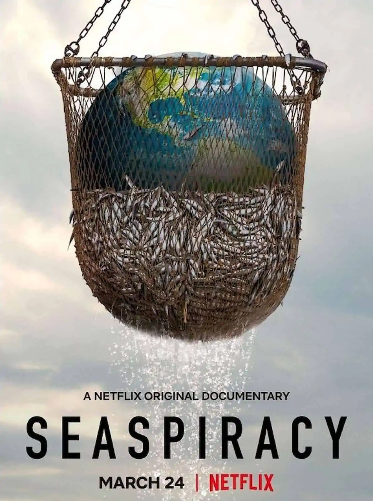 Documentary poster for Seaspiracy with a large fishing net holding fish and the world.