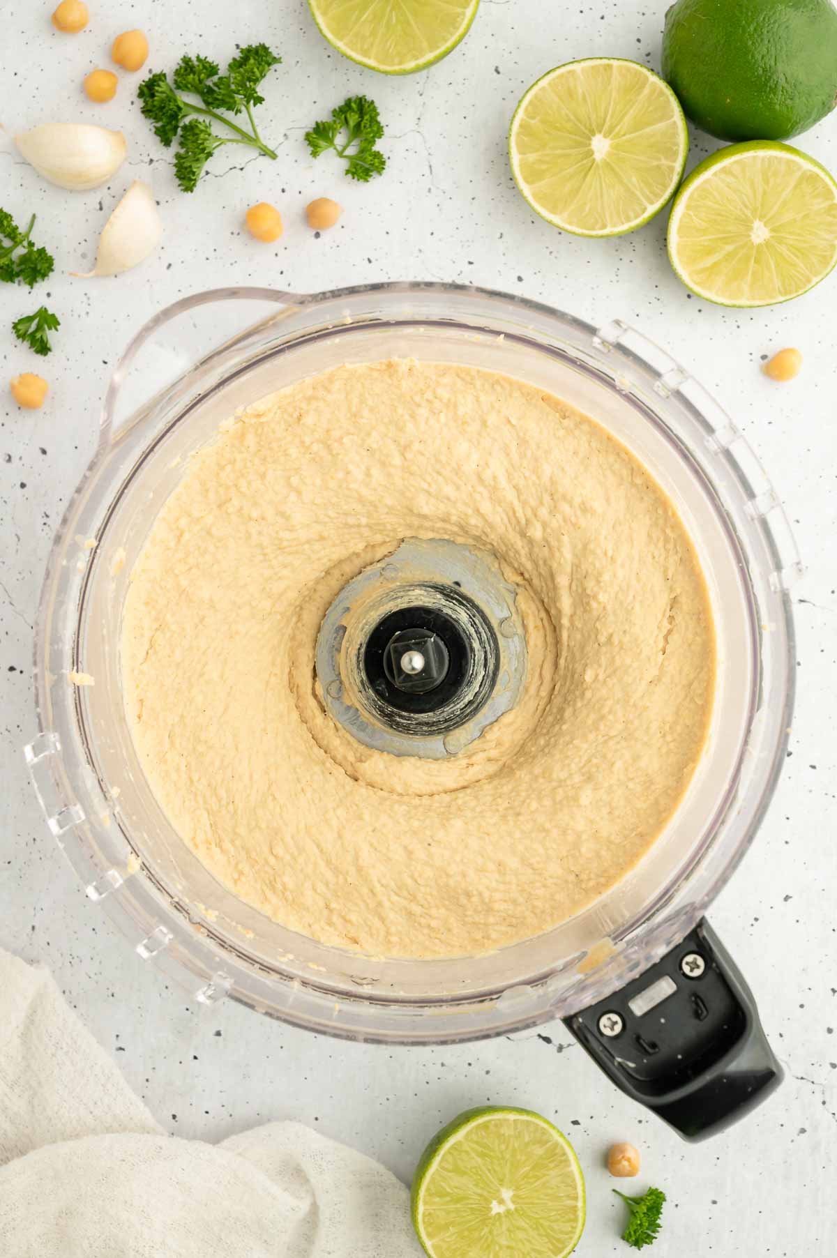 Hummus, blended in a food processor.