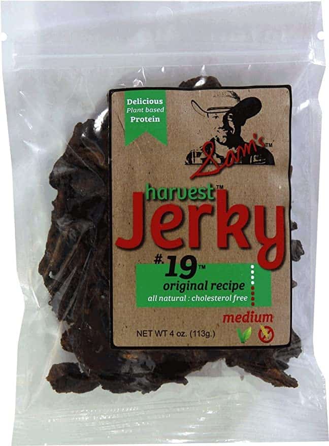 picture of vegan jerky in a package that says "harvest jerky" on the front