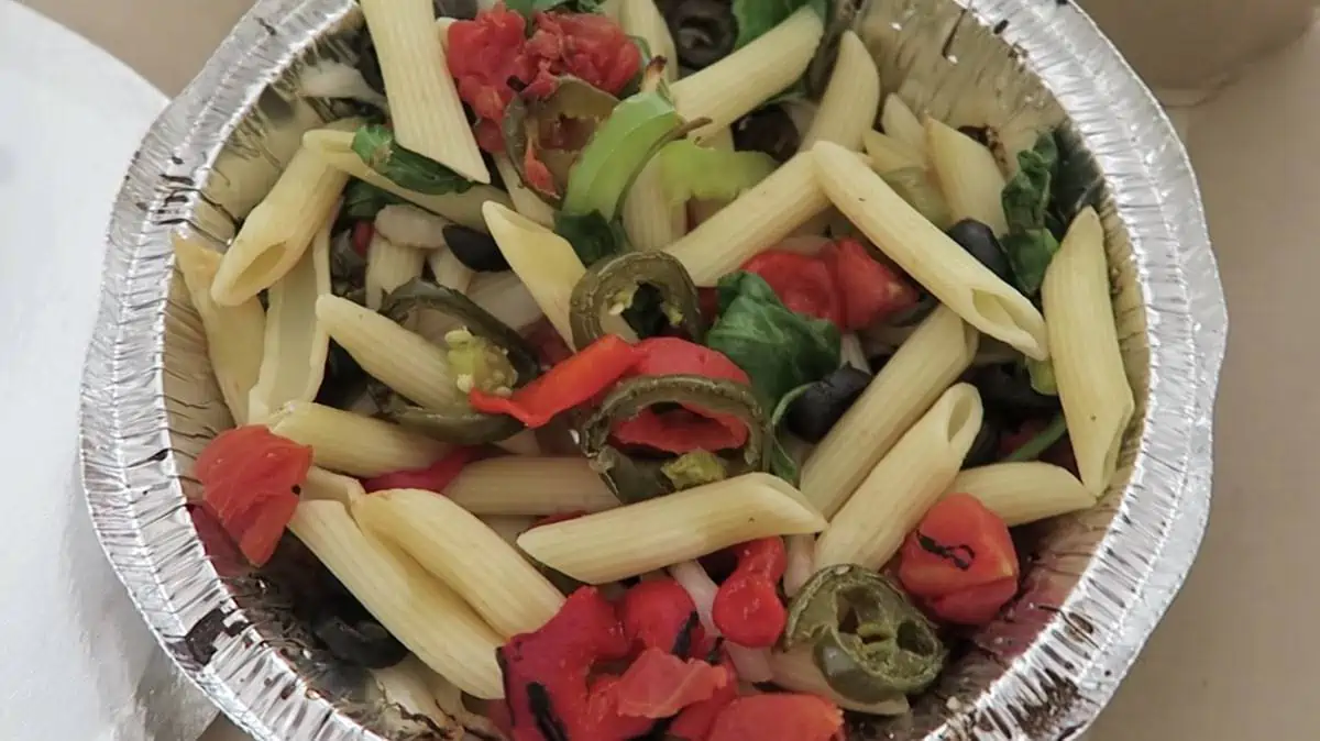 Vegan Pasta Dish from Dominos In an Aluminum To Go Bowl