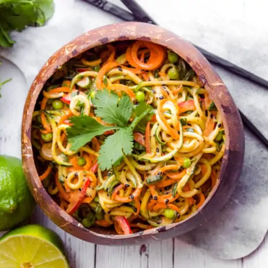 Asian-Style Zoodles | Zucchini Noodle Salad | Spiralized Raw Veggies | WorldofVegan.com | #raw #vegan #vegetarian #zoodles #recipe #healthy