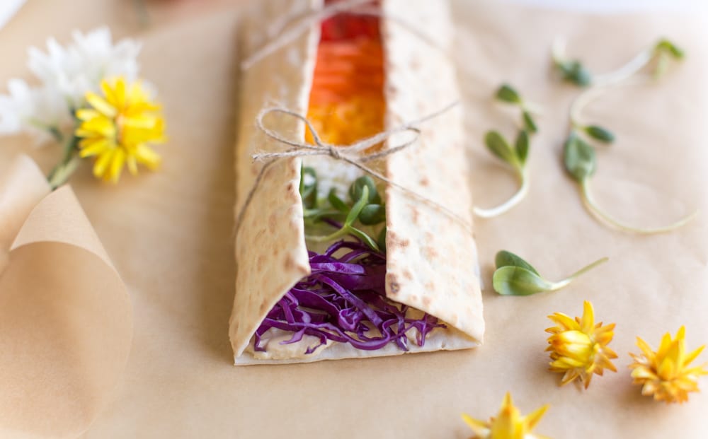 Rainbow Wraps | Hummus on California Lavash With Colorful Veggies | WorldofVegan.com | #vegan #vegetarian #rainbow #pride #healthy