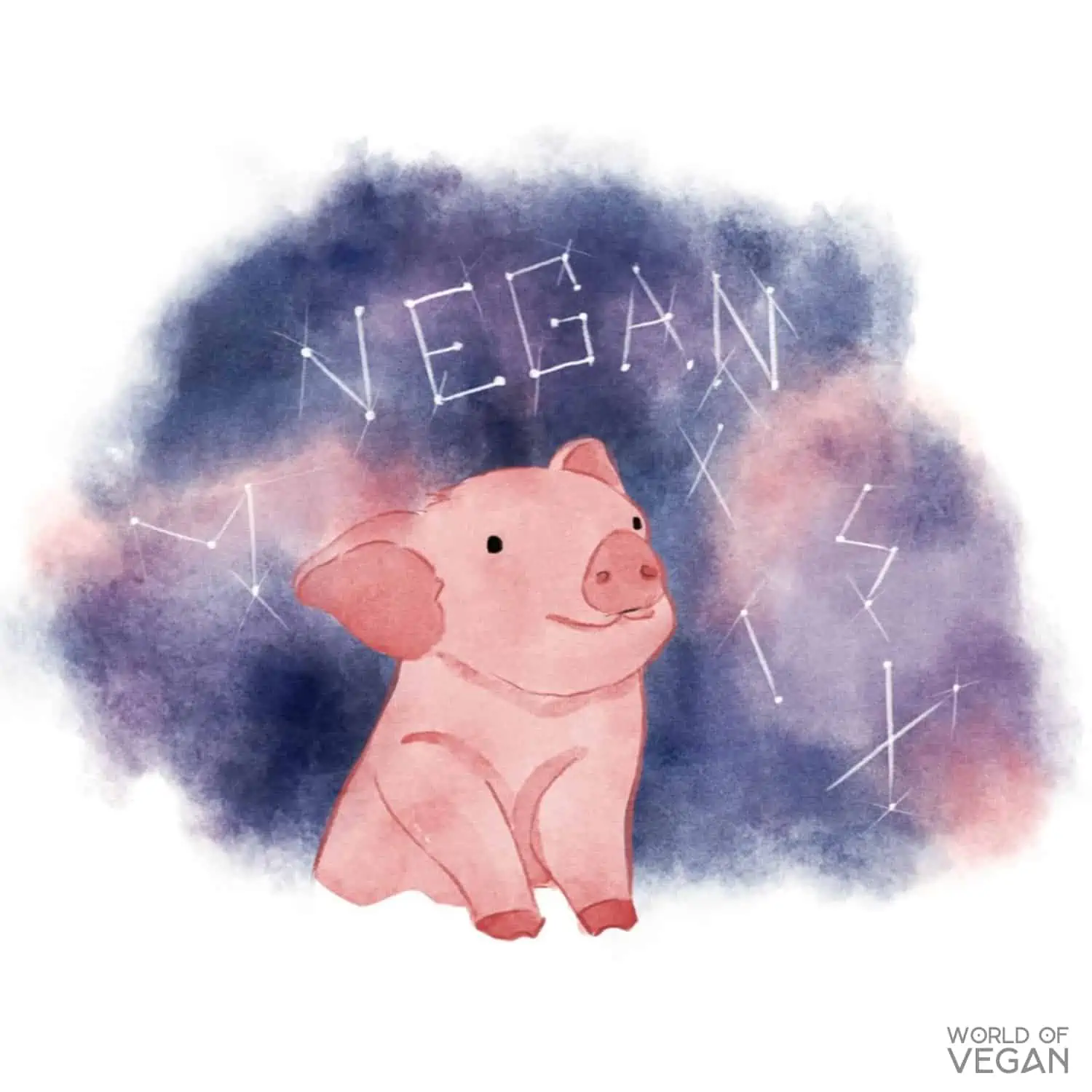 Illustration of a cute Pig Dreaming with vegan written in the stars. 