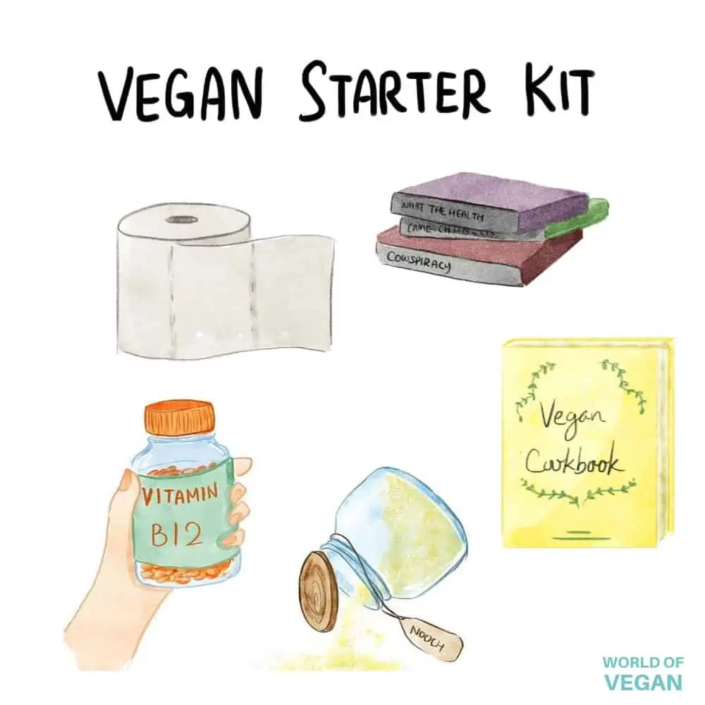 Vegan Starter Kit Art: Vegan Documentaries, Toilet Paper, Vitamin B12, Nutritional Yeast, Vegan Cookbook