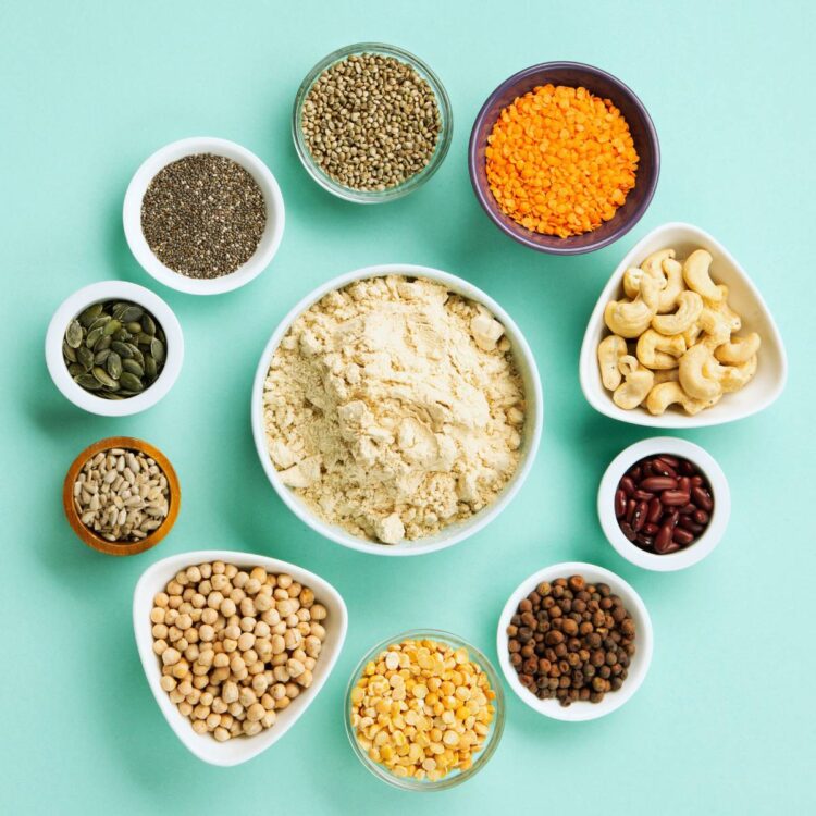 Vegan protein sources in various bowls including beans, legumes, nuts and seeds.