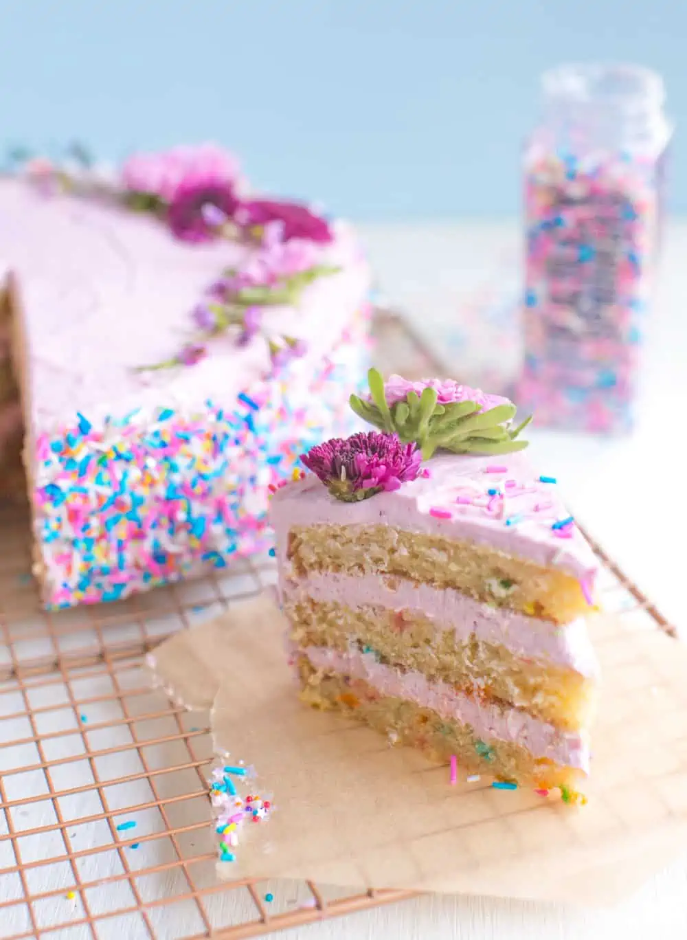 vegan birthday cake slice with sprinkles