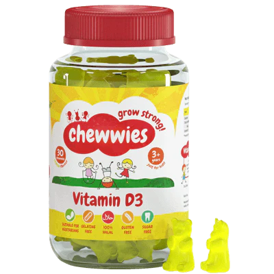 A bottle of Chewwies vegan vitamin d3 gummies with a couple of gummy bears next to it.