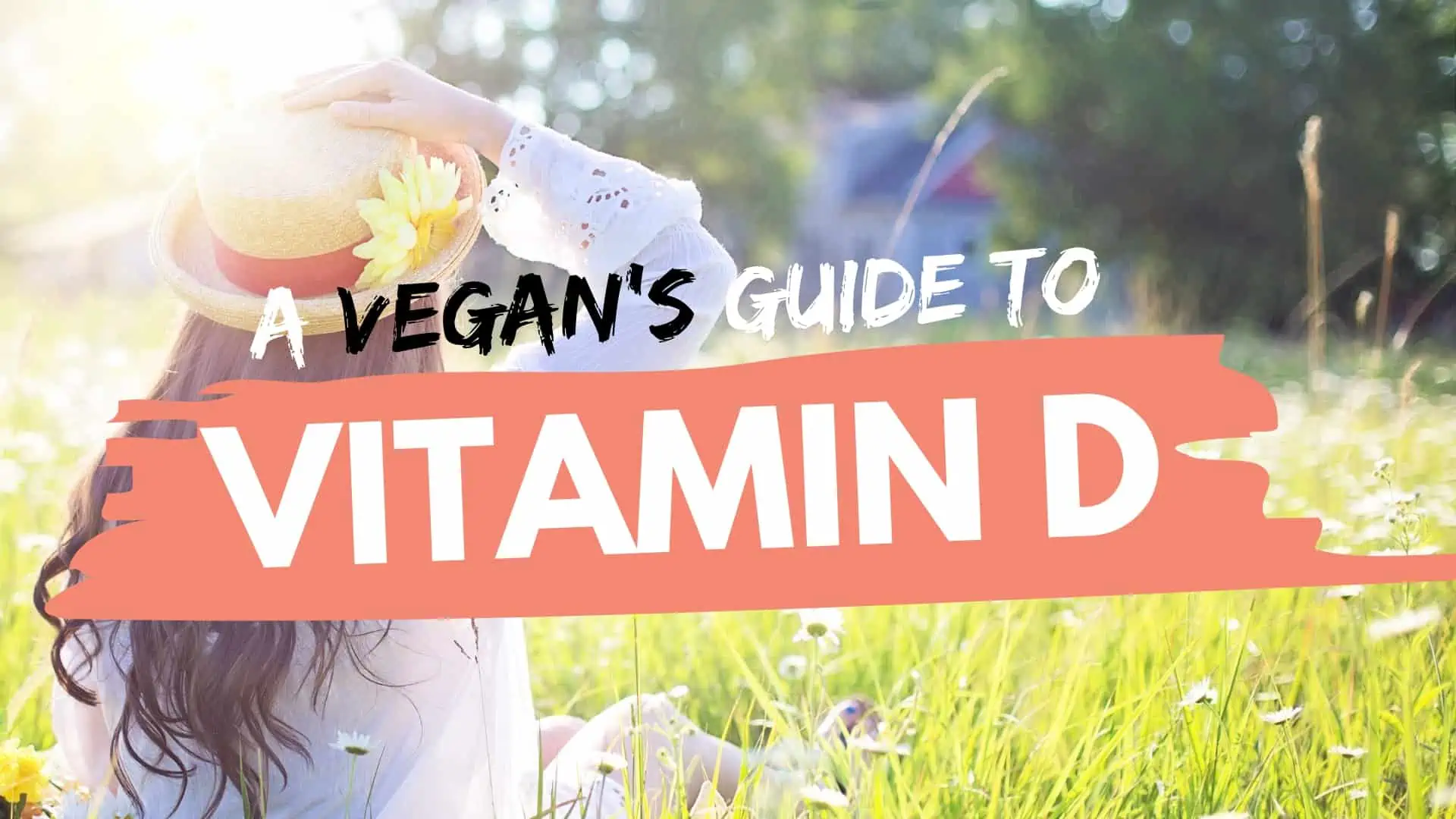 Woman in a field with a sun hat and sun shining down on her with text overlay "A Vegan's Guide To Vitamin D."